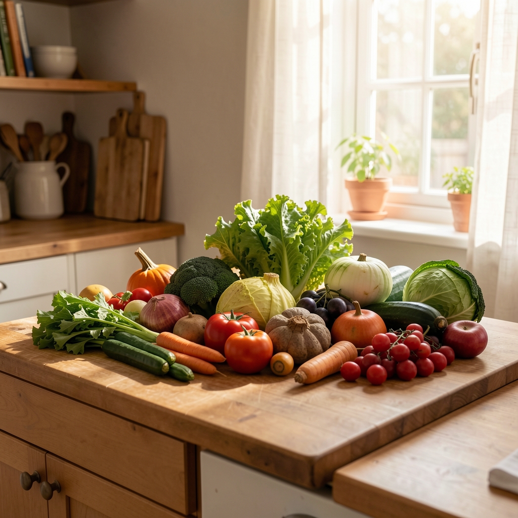 Flat lay of seasonal autumn vegetables — butternut squash, kale, and root vegetables — on a worn wooden kitchen table under soft natural light