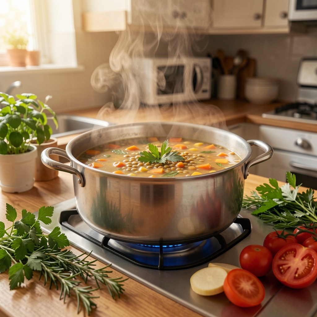 Simmering pot of vegetable and lentil soup on a hob, steam rising, surrounded by fresh herbs and sliced vegetables in a home kitchen under warm overhead light