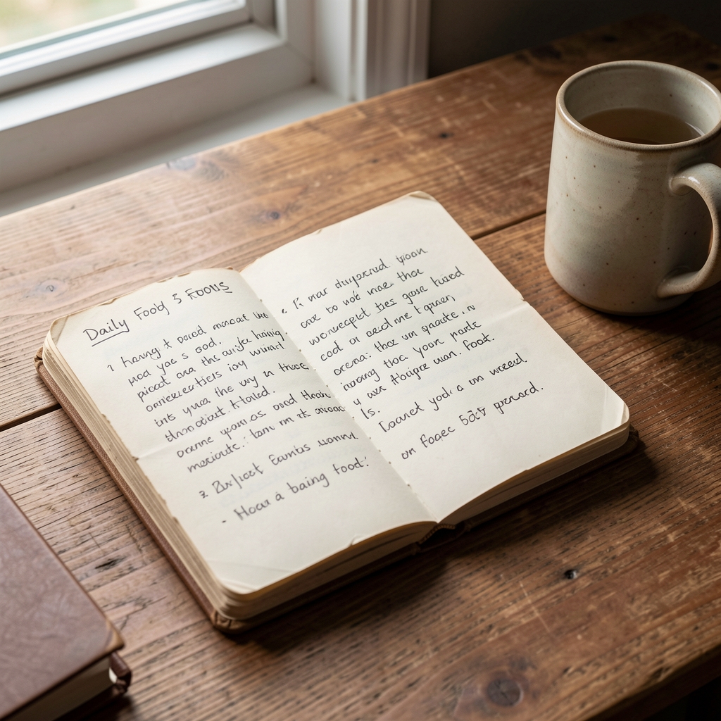 Small worn notebook open to a page of handwritten daily food observations, lying flat on a wooden desk beside a ceramic mug, morning light through a nearby window