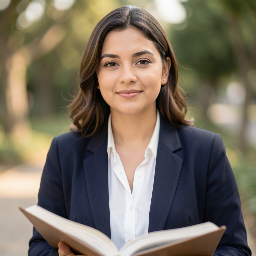 Portrait of Beatrice Renshaw under soft natural light with a notebook open beside her