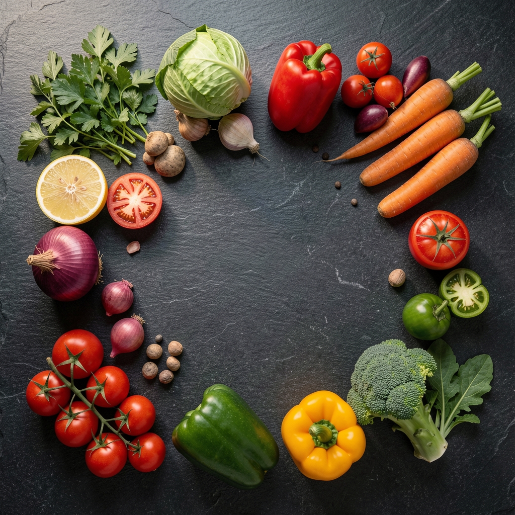 Overhead flat-lay of seasonal vegetables and fresh ingredients arranged on a dark stone kitchen surface, morning daylight